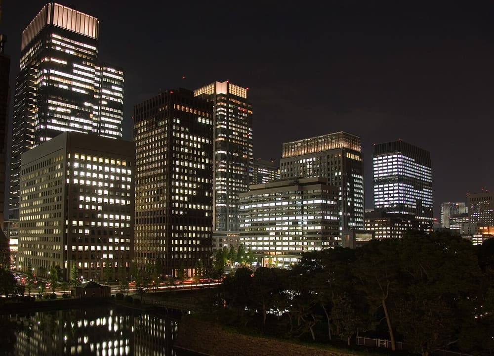 Tokyo office towers lit up at night